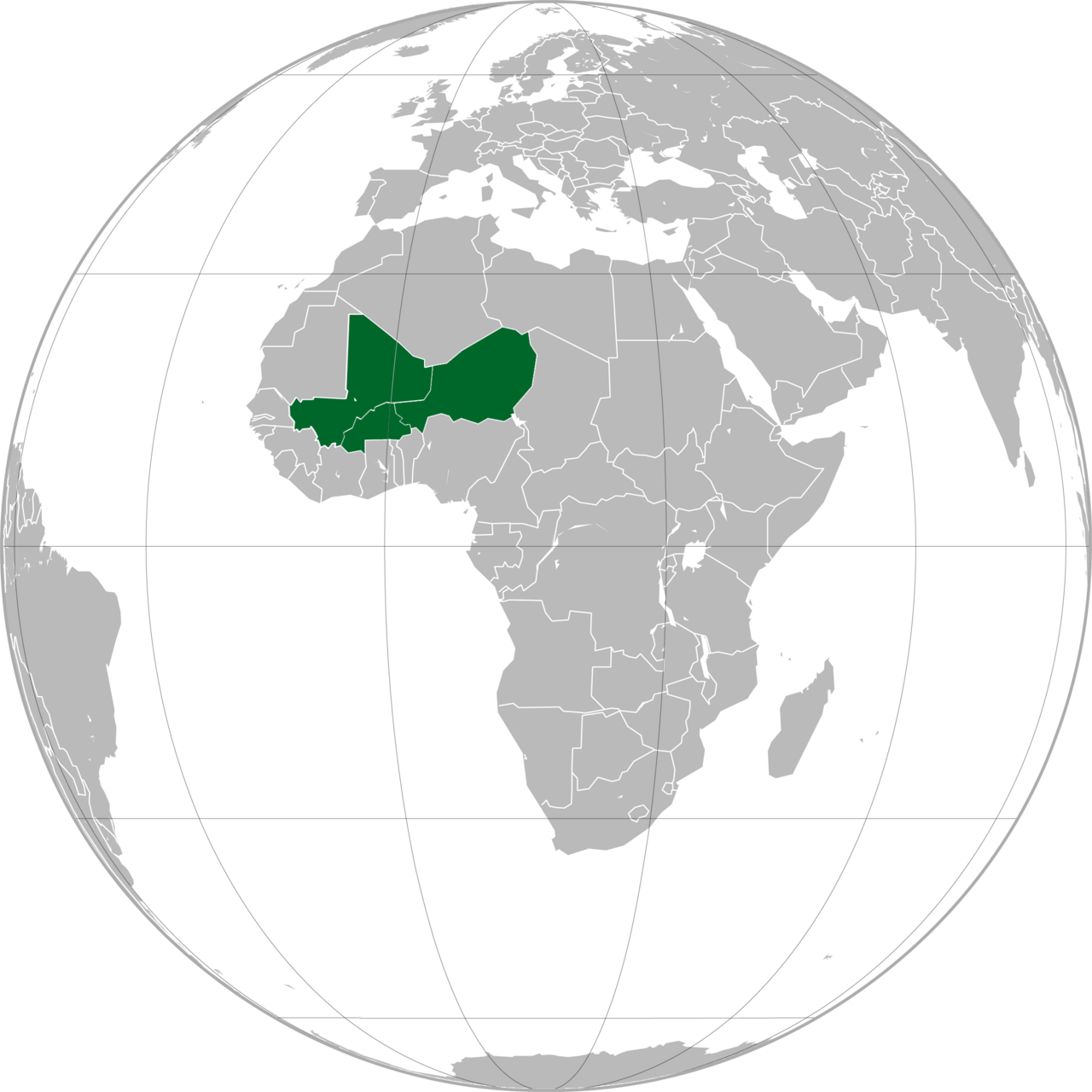 Orthographic globe projection of Africa with Mali, Burkina Faso, and Niger highlighted in green.